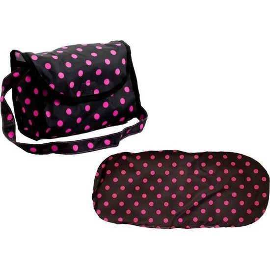 Kočárek pro panenky 2v1 s taškou - černý s růžovými puntíky