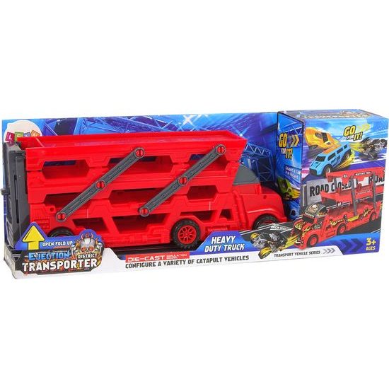 Velký vůz s rampou pro odpalování aut + 6 autíček červený