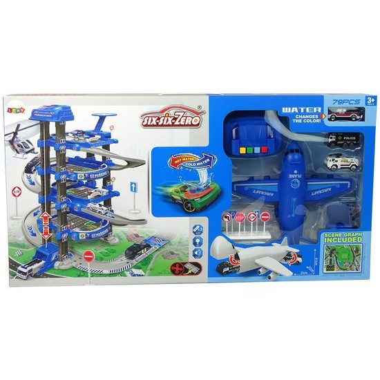 Parkovací garáž s výtahem na baterie, letadlem a hrací podložkou Police Garage