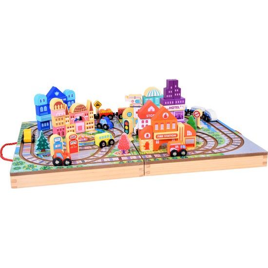 Dřevěná vláčkodráha MĚSTO + kufřík 89 ks