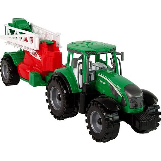 Zelený zemědělský traktor s červeným postřikovačem