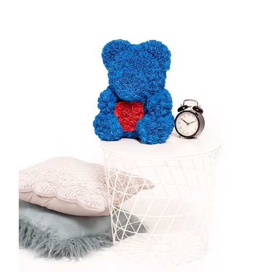 Medvídek z růží tmavě modrý s červeným srdcem Rose Bear 40 cm