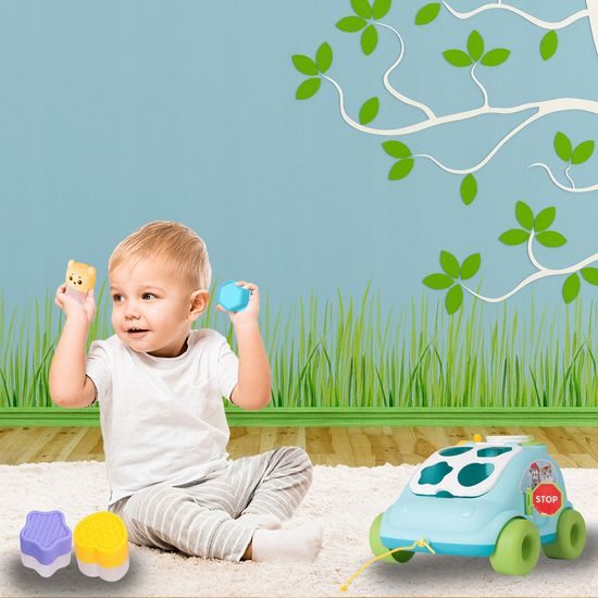 Edukační vkládací kostka - tahací Autíčko modré