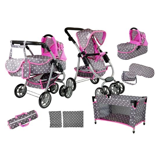 Alice kombinovaný kočárek pro panenky 6v1 9662M šedo-růžový