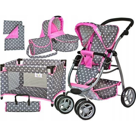 Doris kočárek pro panenky 6v1 šedo-růžový 9662