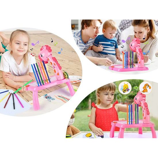 Projektor s kreslící tabulkou a 24 šablonami Žirafa - růžový