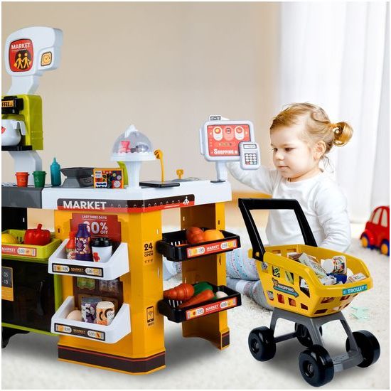 Dětský obchod Supermarket s lednicí a nákupním košíkem 65 součástí