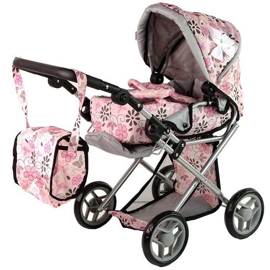 Alice kočárek pro panenky 9346 kombinovaný růžový s kytičkami