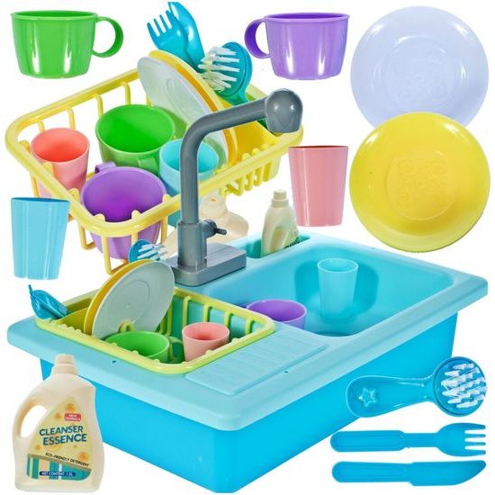 Dětský dřez s tekoucí vodou a nádobím Wash Up modrý