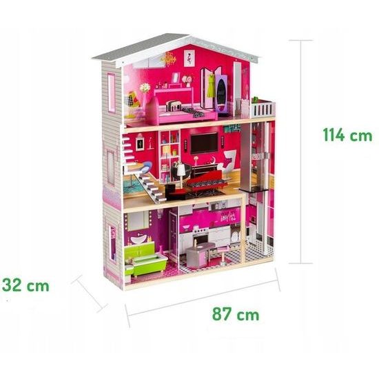 Ecotoys velký dřevěný domeček pro panenky Malibu s výtahem + panenka