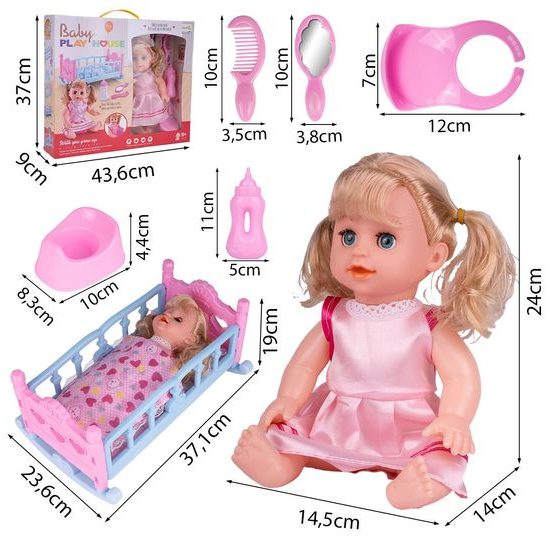 Postýlka pro panenku Play House 37 cm s panenkou a příslušenstvím