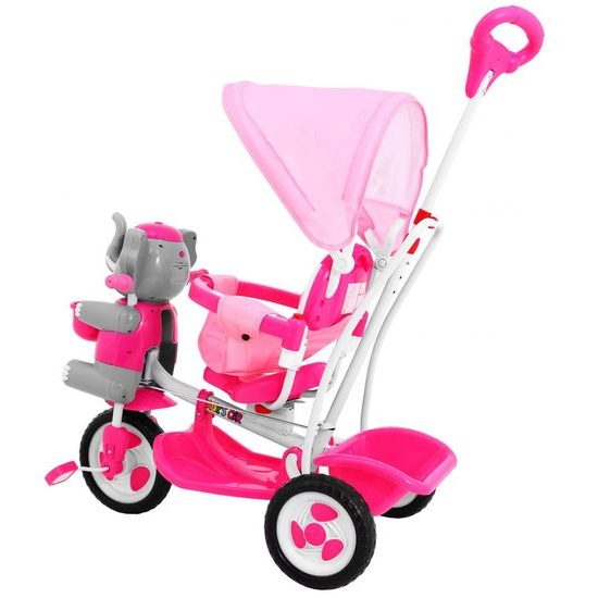 Dětská tříkolka s vodící tyčí Slon růžový