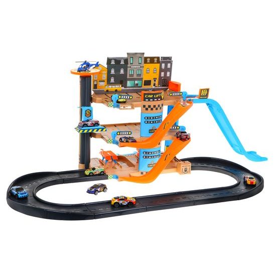 Parkovací garáž s výtahem, helikoptérou a 10 autíčky Slide Lot