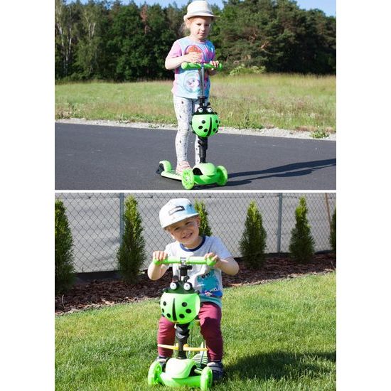 Dětská koloběžka Bedrunka zelená se sedátkem a svítícími koly