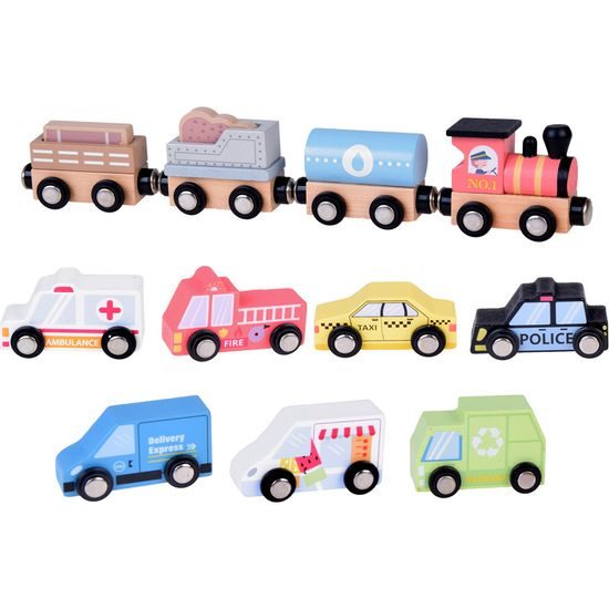 Sada dřevěných autíček hasiči, policie, taxi, sanitka, dopravní značky a podložka