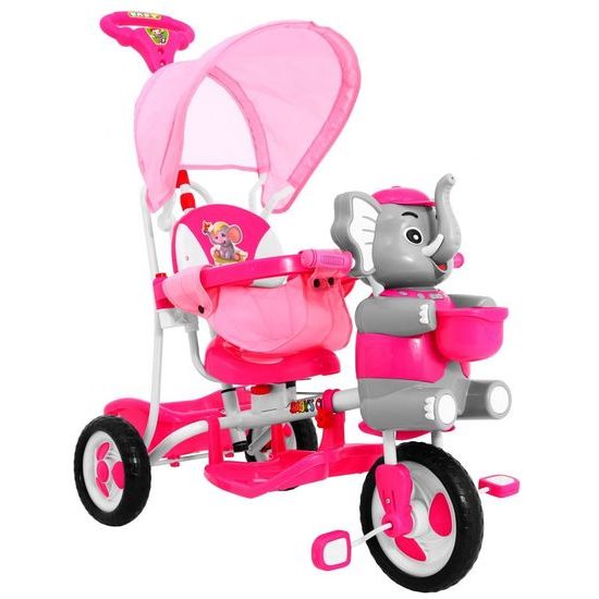 Dětská tříkolka s vodící tyčí Slon růžový