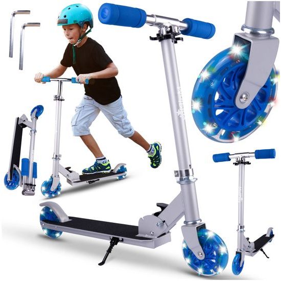 Dětská skládací koloběžka s hliníkovým rámem a svítícími koly - šedo/modrá