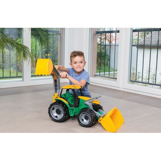 Traktor se lžící a bagrem, zeleno-žlutý