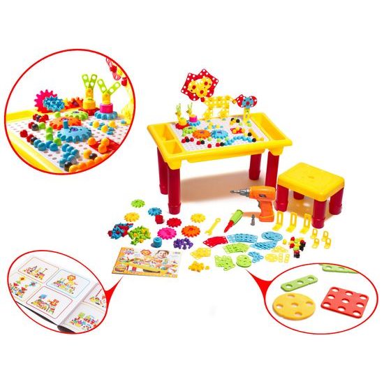 3D konstrukční stavebnice s vrtačkou na baterie, stolečkem a židličkou Magic Panel 296 ks