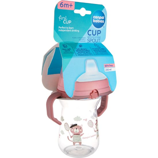 CANPOL babies Hrneček se silikonovým pítkem FirstCup BONJOUR PARIS 250ml růžový