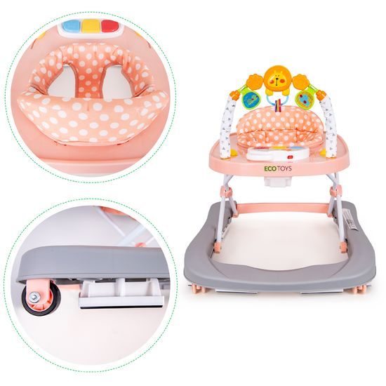 Ecotoys dětské chodítko s hračkami a melodiemi Lvíček šedo-růžové