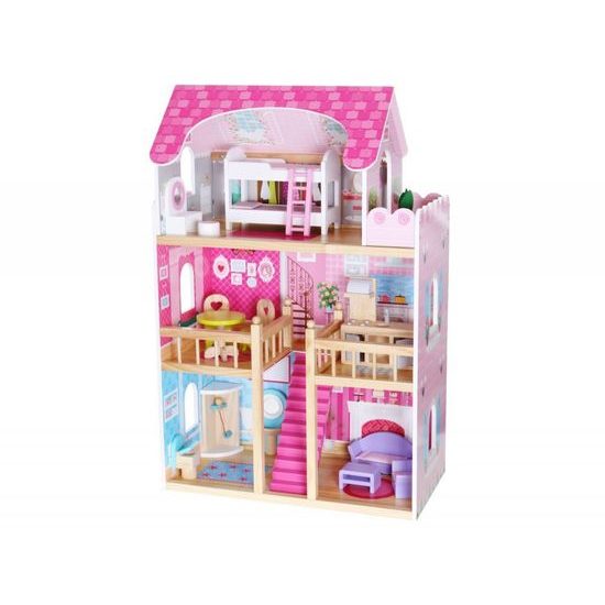 Ecotoys dřevěný dvoupatrový domeček pro panenky Malinová Nová + 2 panenky