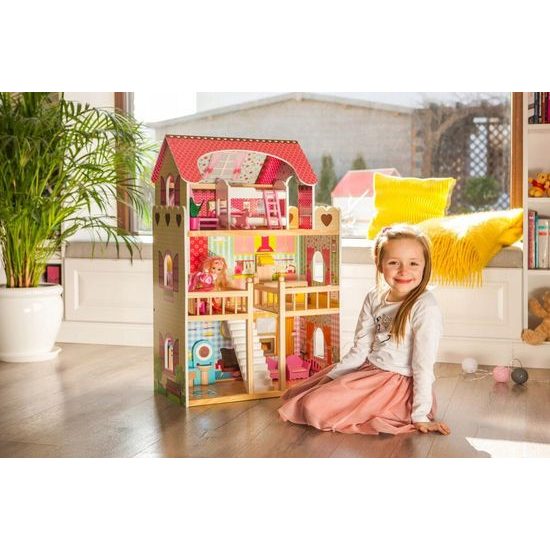 Ecotoys dřevěný dvoupatrový domeček pro panenky Malinová + 2 panenky