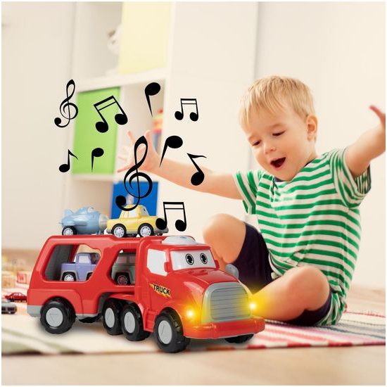 Nákladní auto se 3 autíčky, helikoptérou, světly a zvuky Transport Car červené