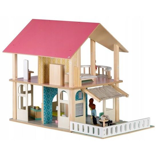 Ecotoys dřevěný domeček pro panenky Modern + 4 panenky