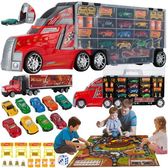 Nákladní auto s 11 autíčky, skluzavkou a podložkou Race Truck