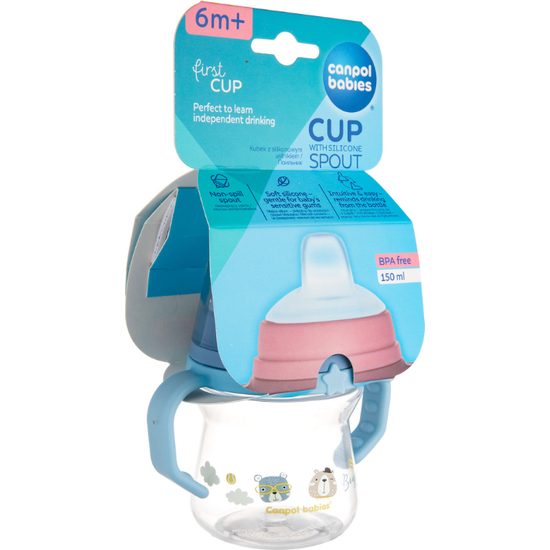 CANPOL babies Hrneček se silikonovým pítkem FirstCup BONJOUR PARIS 150ml modrý