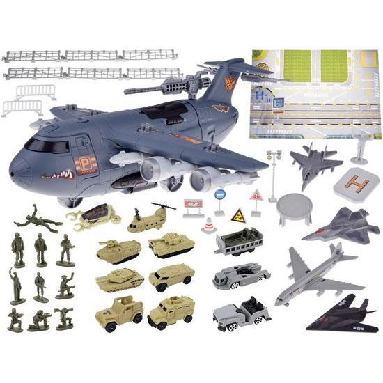 Dětské vojenské letiště s velkým letadlem a příslušenstvím Military Aircraft