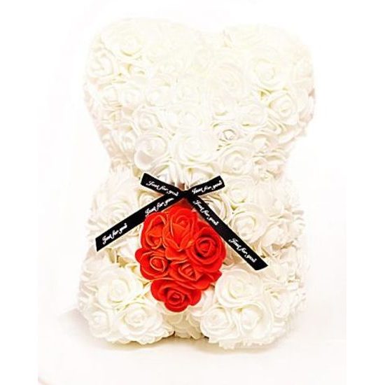 Medvídek z růží bílý s červeným srdcem Rose Bear 25 cm