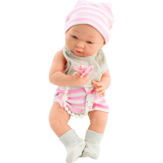 Panenka miminko v bílo-růžovém oblečení s bryndákem, dudlíkem a dekou