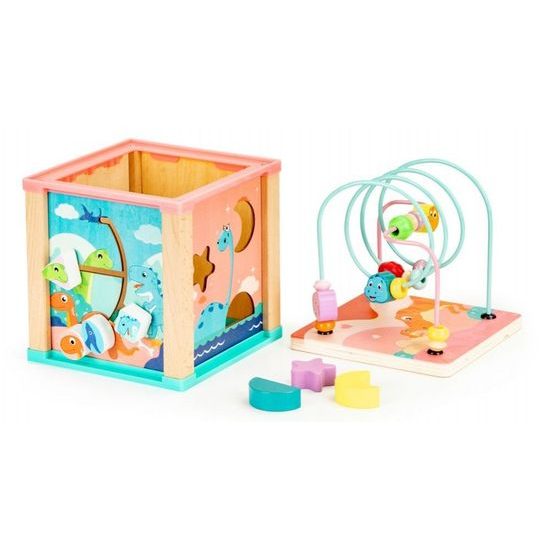 Ecotoys dřevěná edukační kostka s labyrintem Dino Cube 5v1