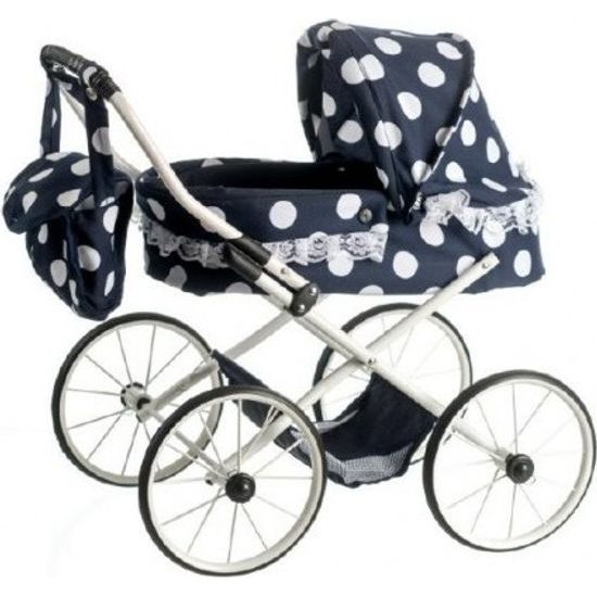 Kočárek pro panenky malý Ewa RETRO - černý s puntíky s krajkou