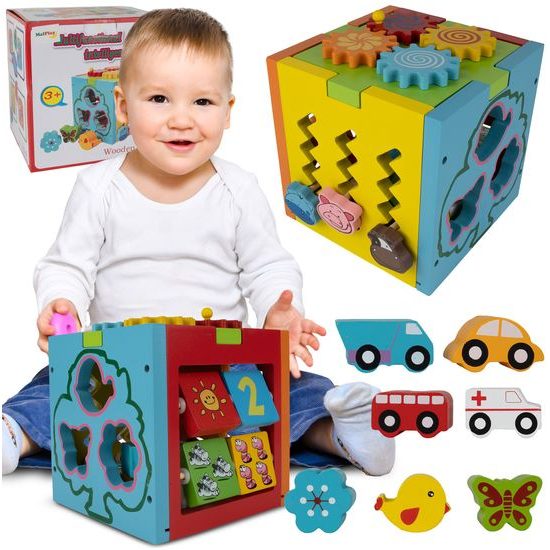 Dřevěná edukační kostka s autíčky 5v1