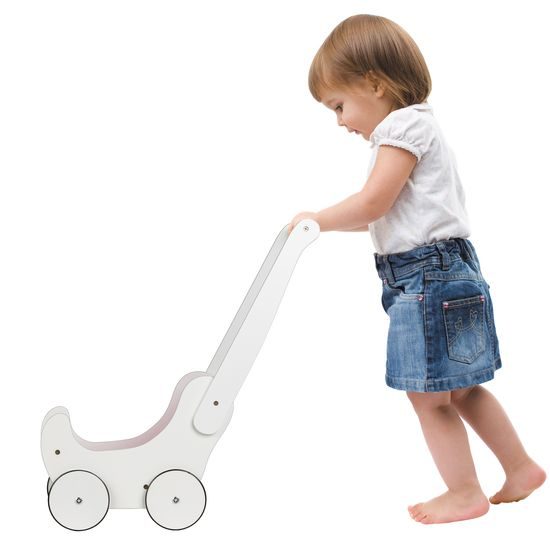 Ecotoys dětské dřevěné chodítko kočárek Bílé