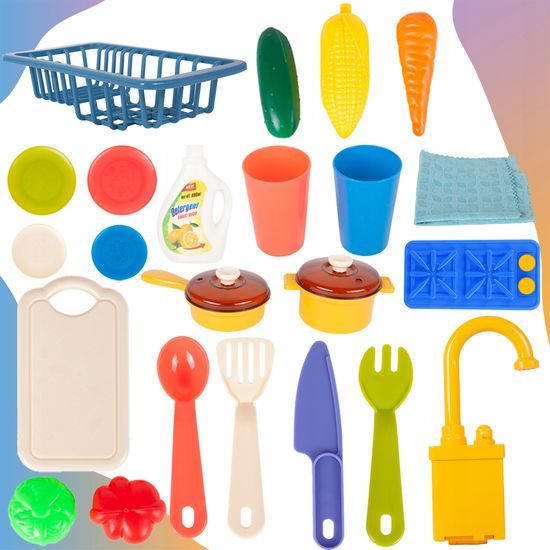 Dětský dřez s tekoucí vodou a nádobím Wash Up modrý