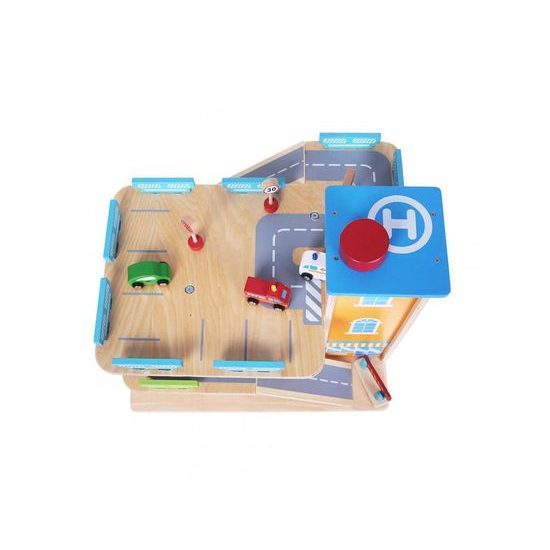 Ecotoys dřevěná patrová garáž s výtahem a autíčky