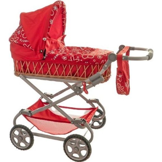 Kočárek Monika hluboký proutěný - červený - pro panenky