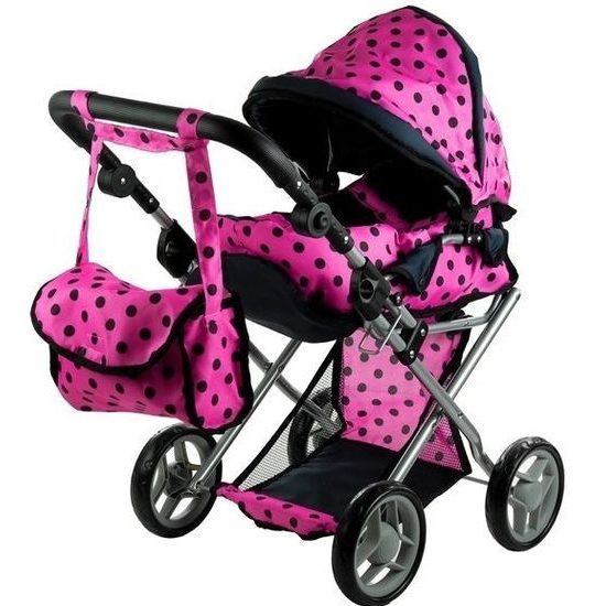 Alice kočárek pro panenky 9346 kombinovaný růžový s puntíkama