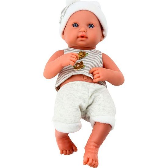 Panenka miminko v bílo-šedém oblečení s dudlíkem a dekou