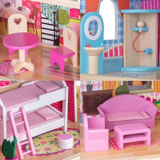 Ecotoys dřevěný domeček pro panenky Malinová s výtahem + 2 panenky