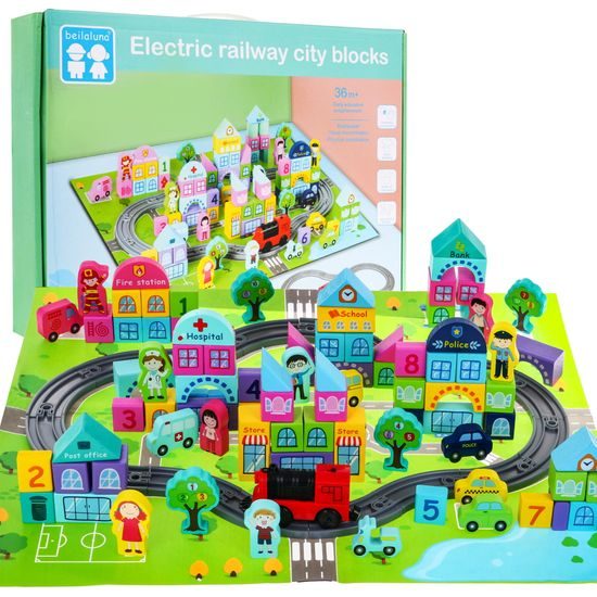 Sada dřevěných kostek Městečko s dráhou a podložkou 111 ks Railway Blocks