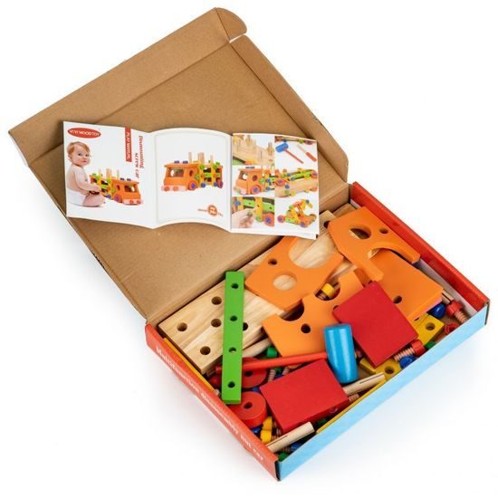 Ecotoys sada dřevěných konstrukčních kostek 58 ks Autíčko