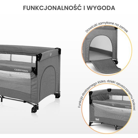 Dětská cestovní postýlka CARETERO ESTI se stahovací bočnicí grey