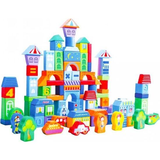 Ecotoys sada dřevěných kostek v kyblíku 100 ks v Městečko