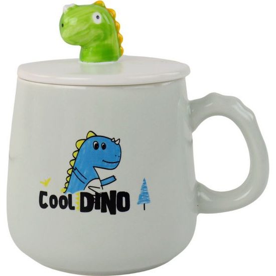 Keramický hrníček modrý dino s víkem a lžičkou 350ml