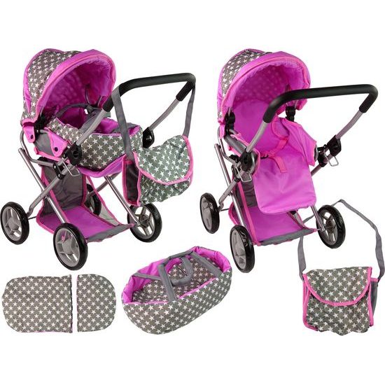 Kočárek pro panenky Alice 9346D kombinovaný šedo-růžový